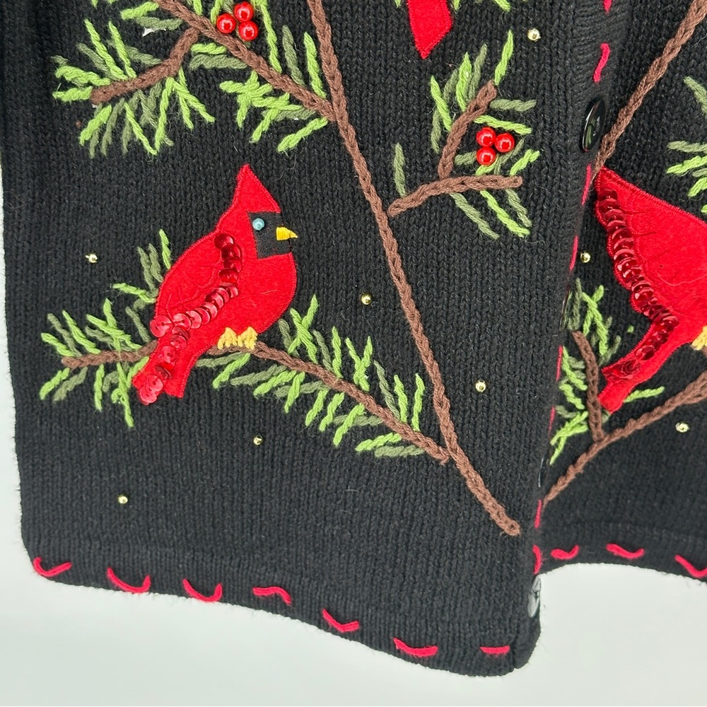 Small Black and Red Cardinal Cardigan Sweater Ugly Christmas Embroidered - Picture 4 of 7